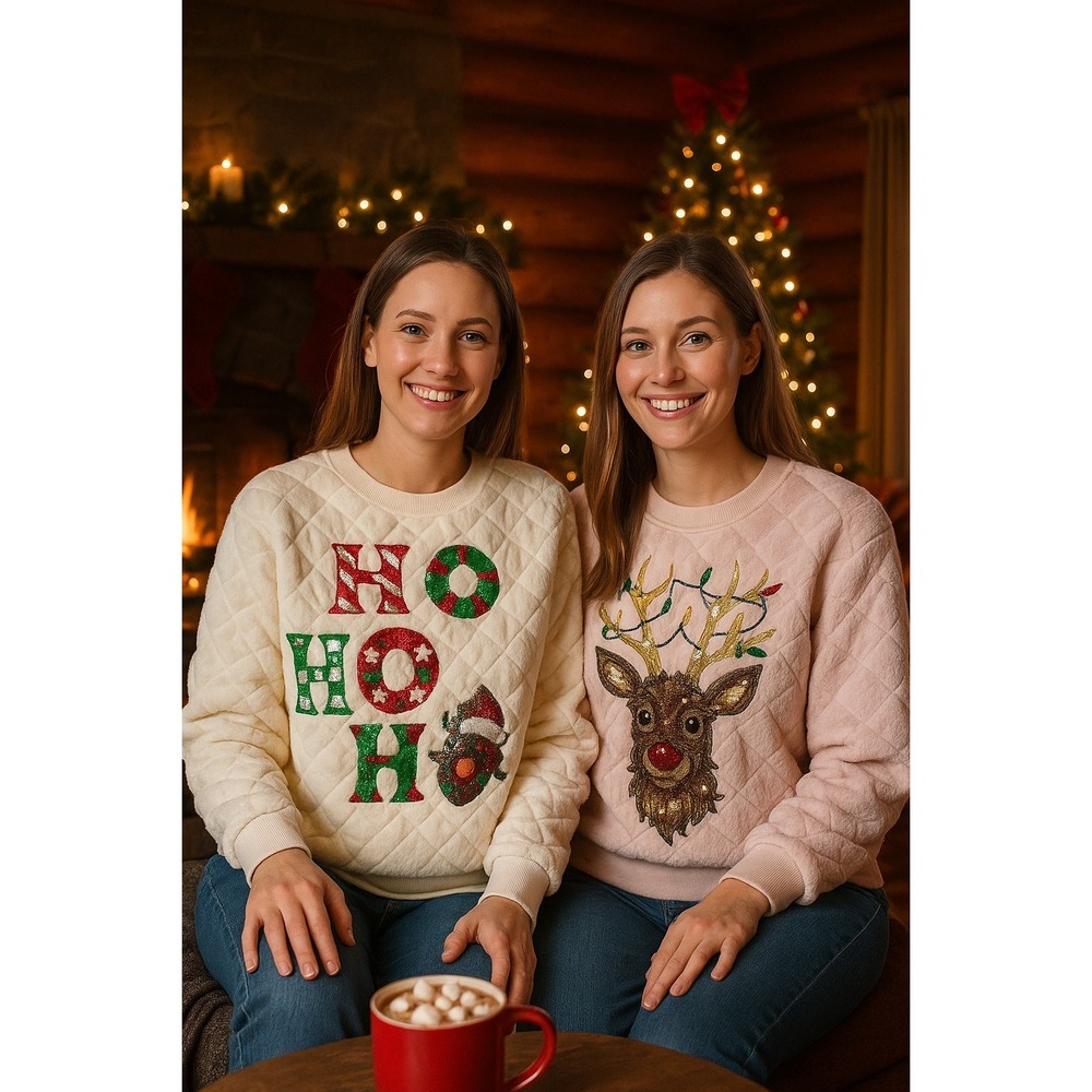 Set of 2 Plush Sweatshirts L‎ HOHOHO & Reindeer Holiday Ugly Christmas Quilted